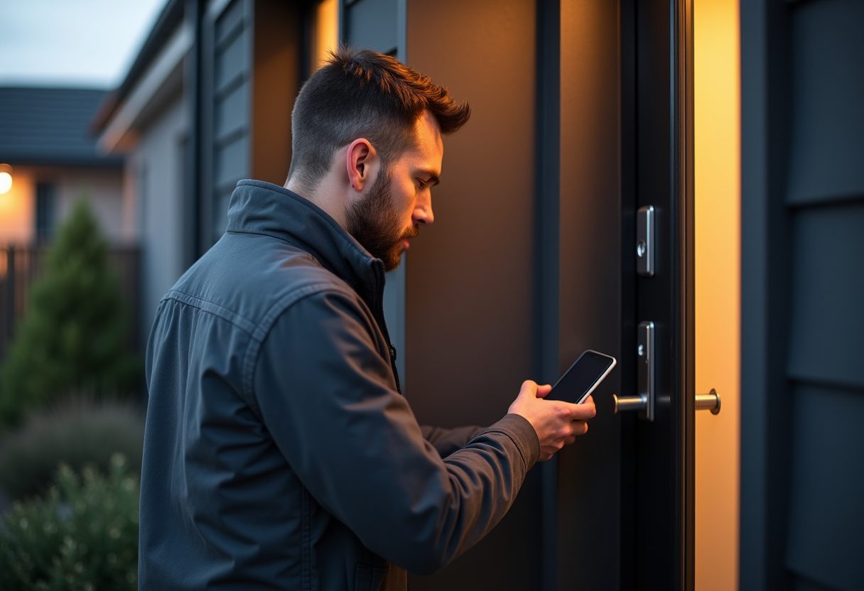 Keypad smart lock being installed on a modern front door — Rouse Hill